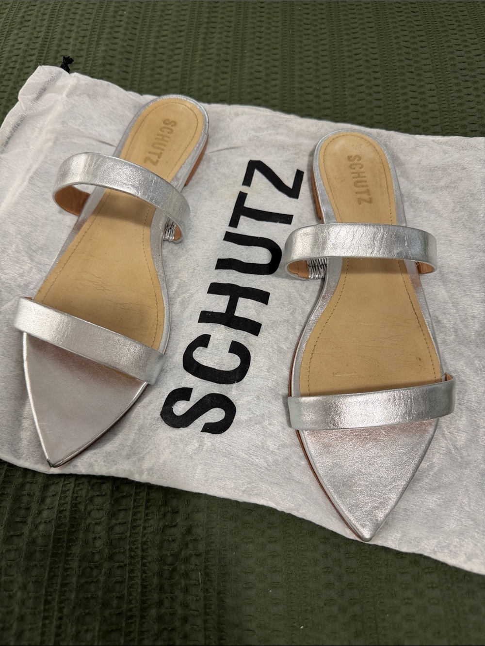 SCHUTZ Silver Leather Double-Strap Pointed-Toe Slides